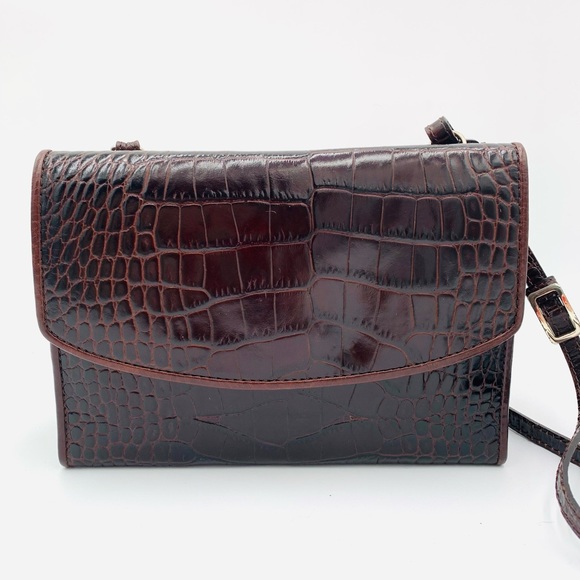 BRIGHTON✨Vintage Chestnut Croc Embossed Leather Organizer Crossbody - Picture 8 of 14